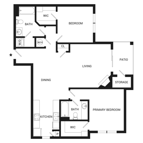 Floor plan for 2 beds, 2 baths, 1077 sqft
